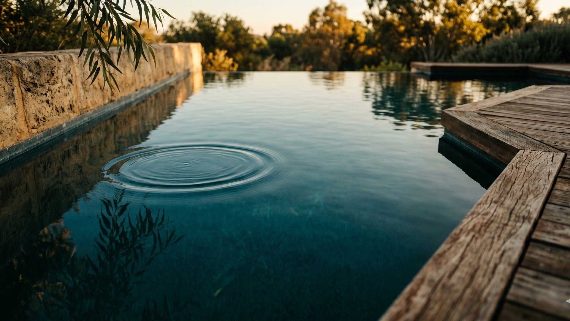 A Perth backyard pool at golden hour. A single ripple spreads across deep teal water bordered by jarrah decking and limestone.