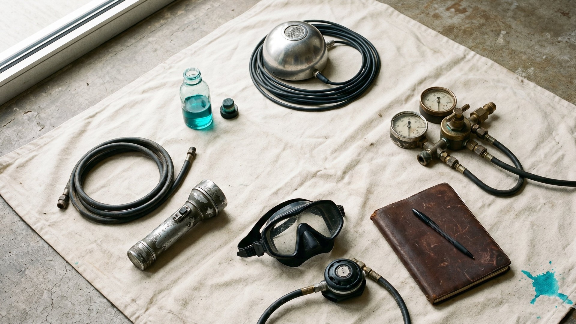 Pool-leak diagnostic equipment laid out flat on a cream-canvas drop cloth: chrome acoustic ground microphone with coiled cable, brass pressure-test manifold with gauges, glass bottle of turquoise pool dye, dive mask with regulator, weathered pressure tubing, metal flashlight, leather notebook with pen.